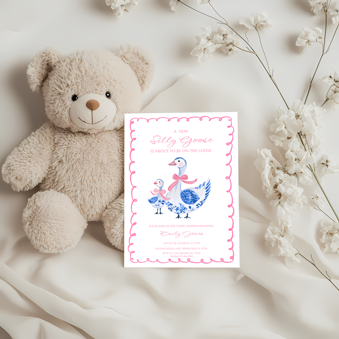 Baby Shower Invitation - Pink Chinoiserie Silly Goose BS31