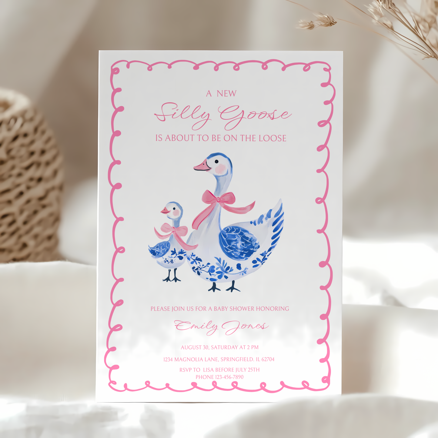 Baby Shower Invitation - Pink Chinoiserie Silly Goose BS31