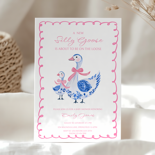 Baby Shower Invitation - Pink Chinoiserie Silly Goose BS31