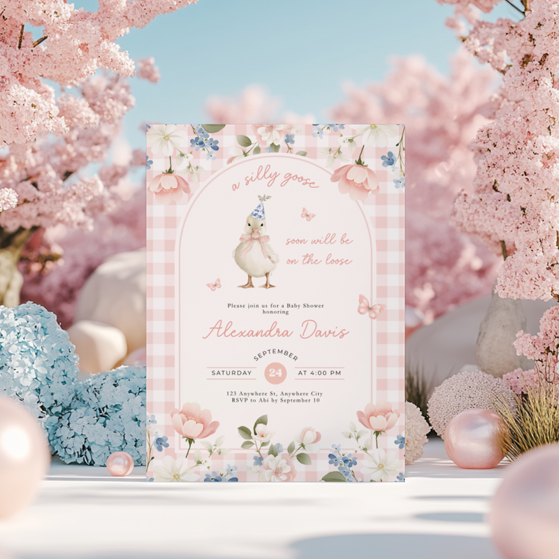 Pink Gingham Silly Goose Baby Shower Invitation L96