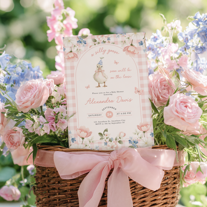 Pink Gingham Silly Goose Baby Shower Invitation L96