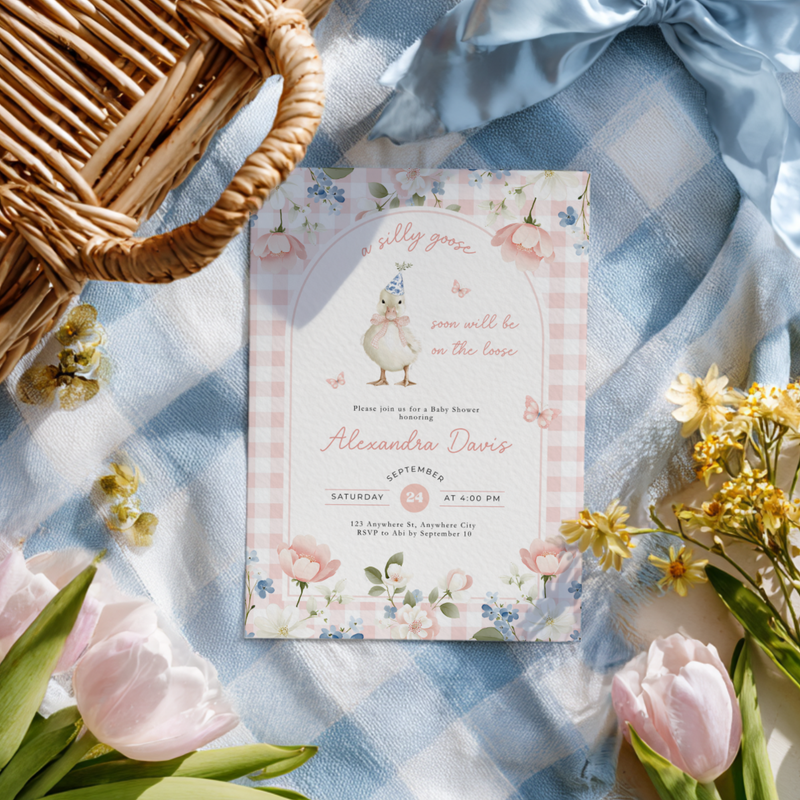 Pink Gingham Silly Goose Baby Shower Invitation L96