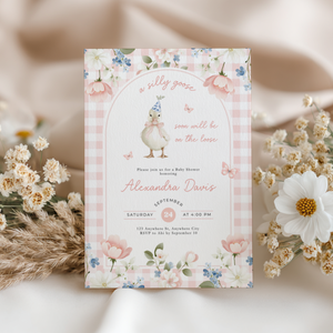 Pink Gingham Silly Goose Baby Shower Invitation L96
