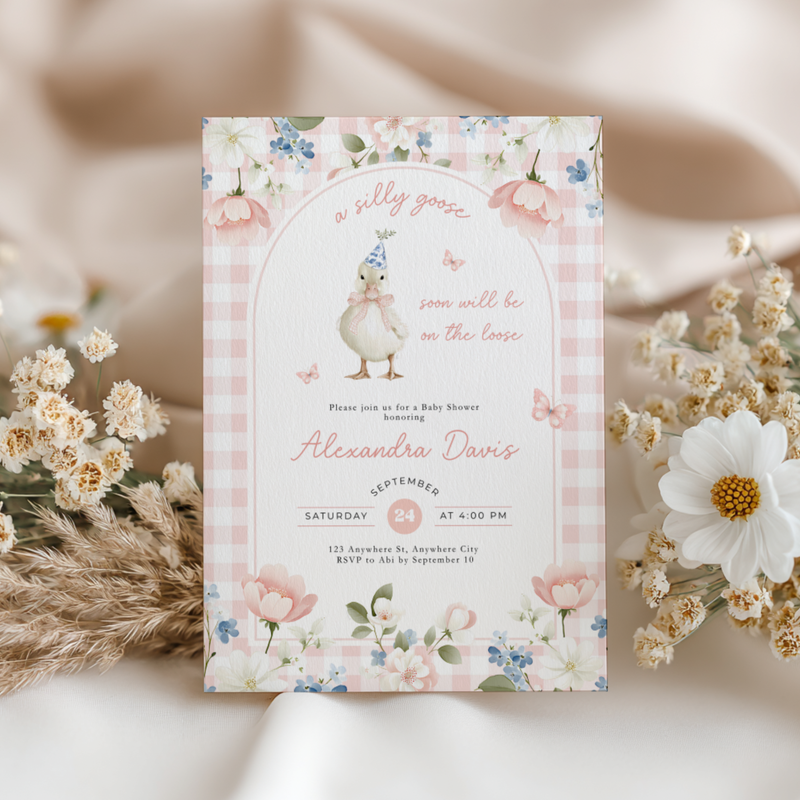 Pink Gingham Silly Goose Baby Shower Invitation L96
