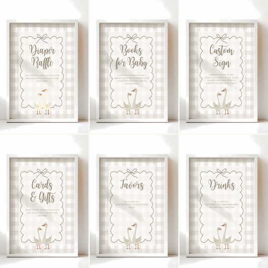 Baby Shower Table Sign Bundle - Beige Silly Goose Gingham Neutral BS25