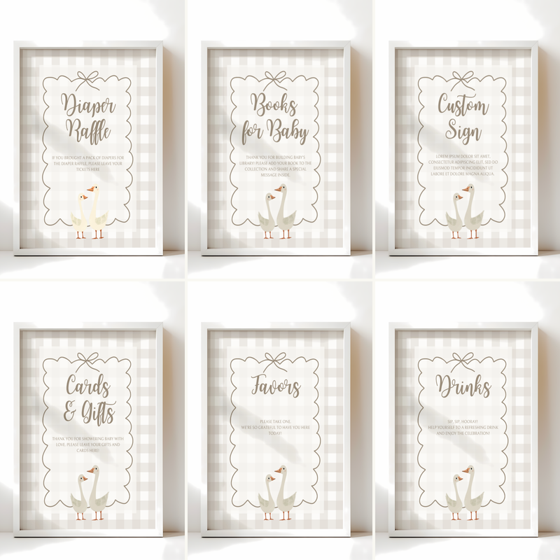 Baby Shower Table Sign Bundle - Beige Silly Goose Gingham Neutral BS25
