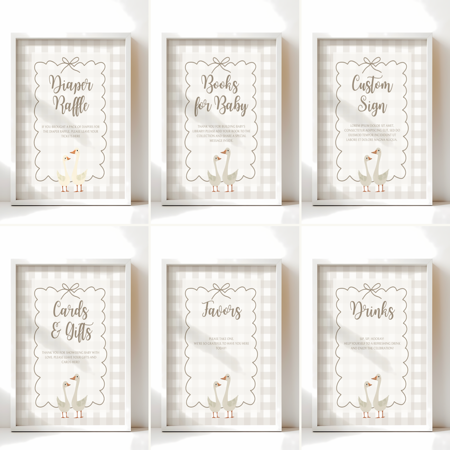 Baby Shower Table Sign Bundle - Beige Silly Goose Gingham Neutral BS25