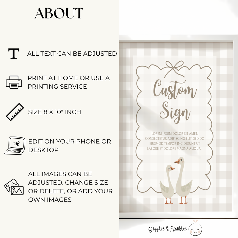 Baby Shower Table Sign Bundle - Beige Silly Goose Gingham Neutral BS25