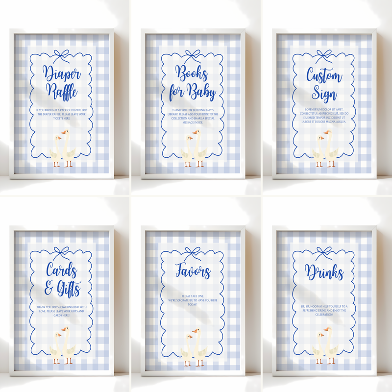 Baby Shower Table Sign Bundle - Blue Silly Goose Gingham BS23