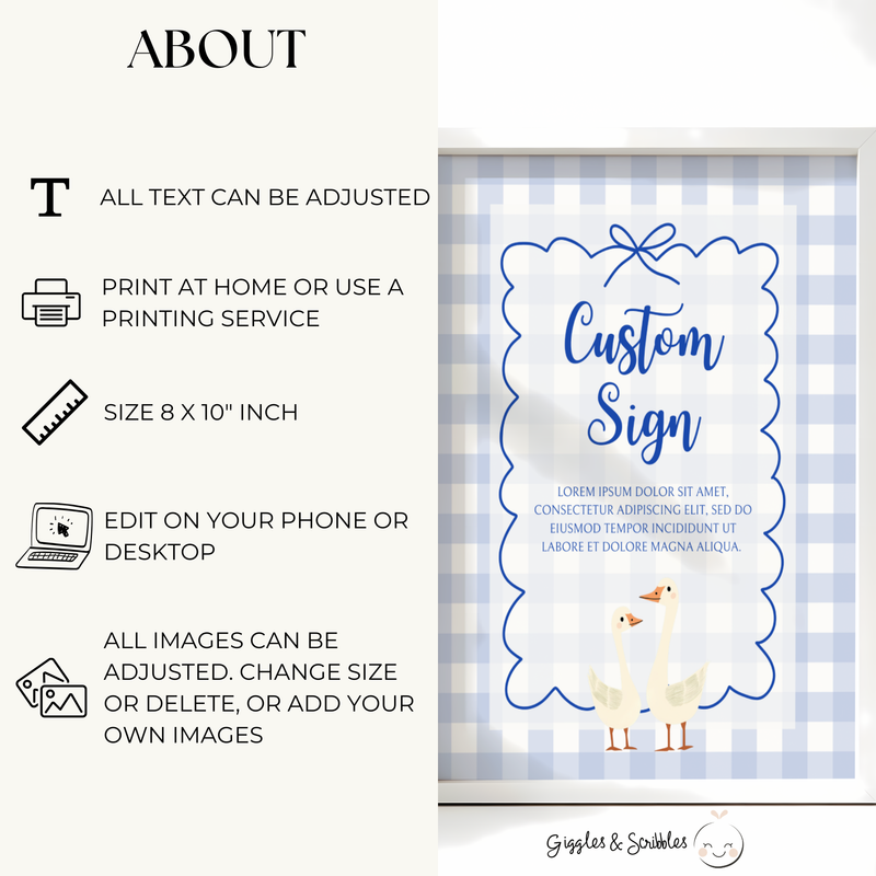Baby Shower Table Sign Bundle - Blue Silly Goose Gingham BS23