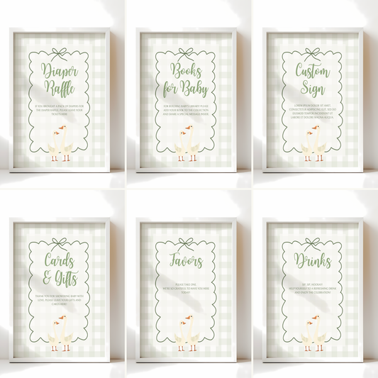 Baby Shower Table Sign Bundle - Green Silly Goose Gingham BS24