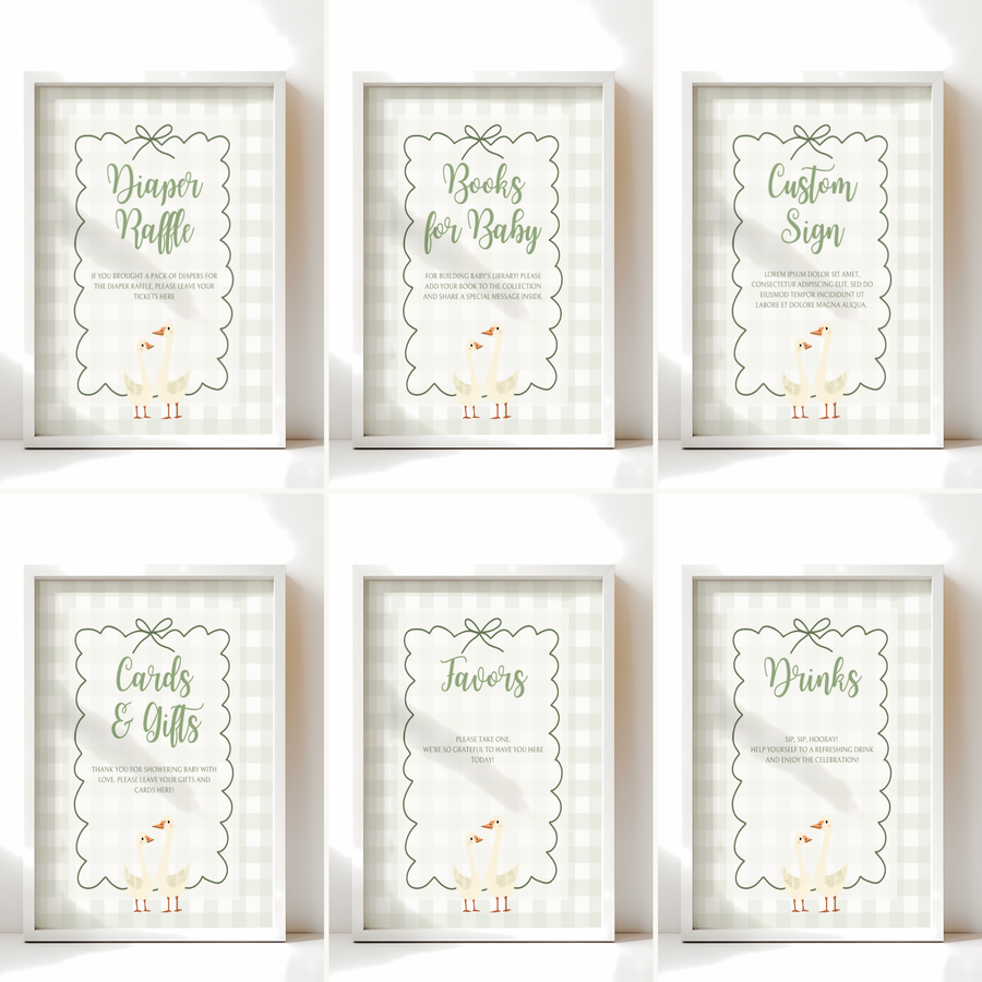 Baby Shower Table Sign Bundle - Green Silly Goose Gingham BS24