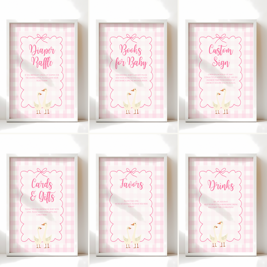 Baby Shower Table Sign Bundle - Pink Silly Goose Gingham BS22