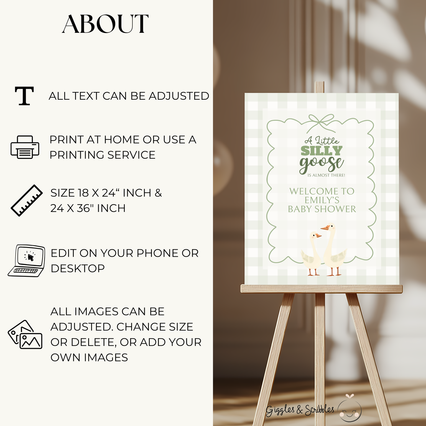 Baby Shower Welcome Sign - Green Silly Goose Gingham BS24
