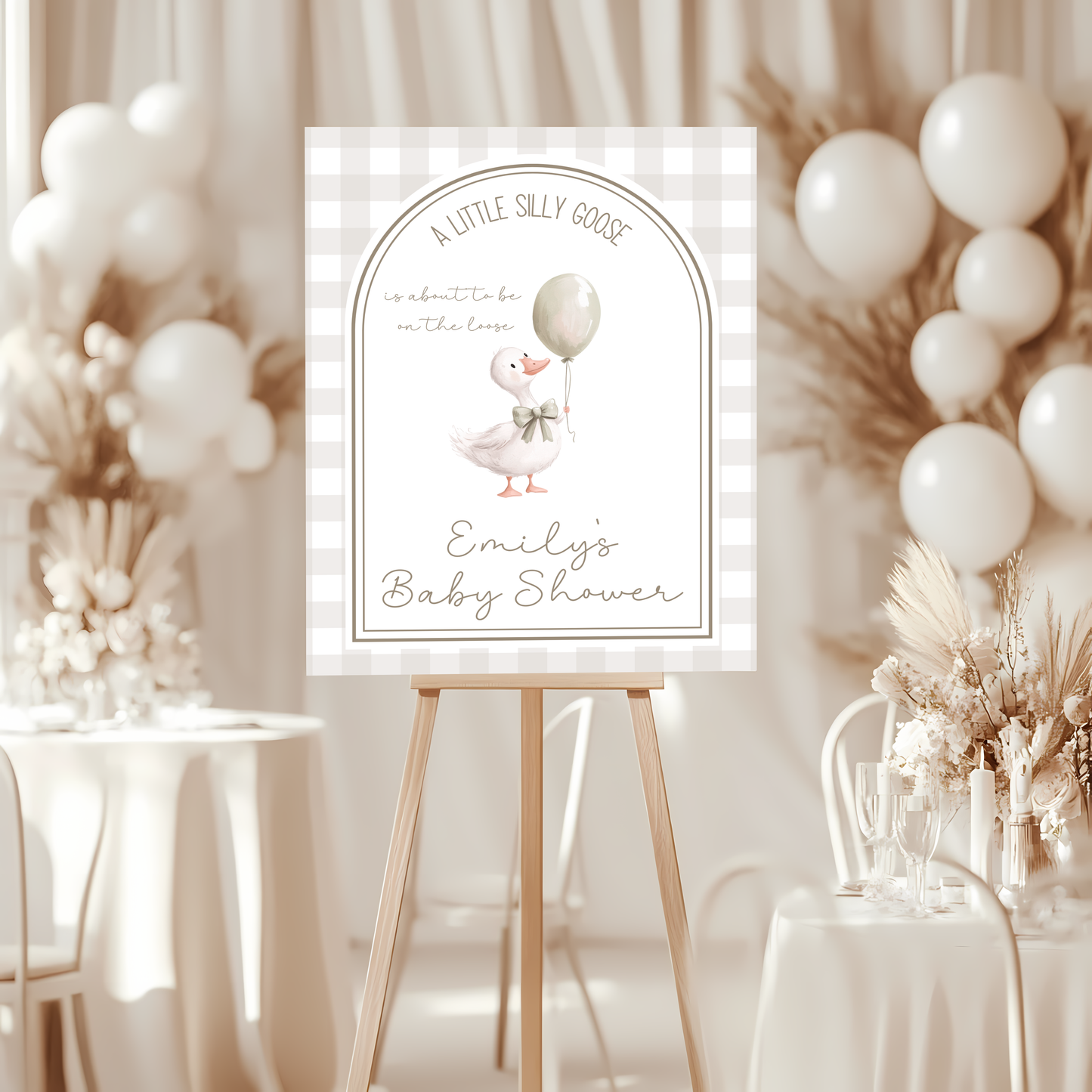 Baby Shower Welcome Sign - Little Silly Goose Beige Gingham BS90