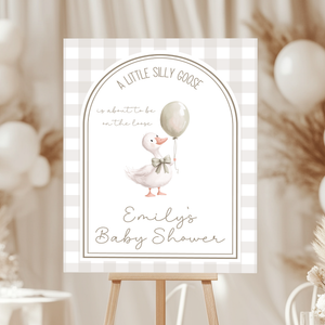 Baby Shower Welcome Sign - Little Silly Goose Beige Gingham BS90
