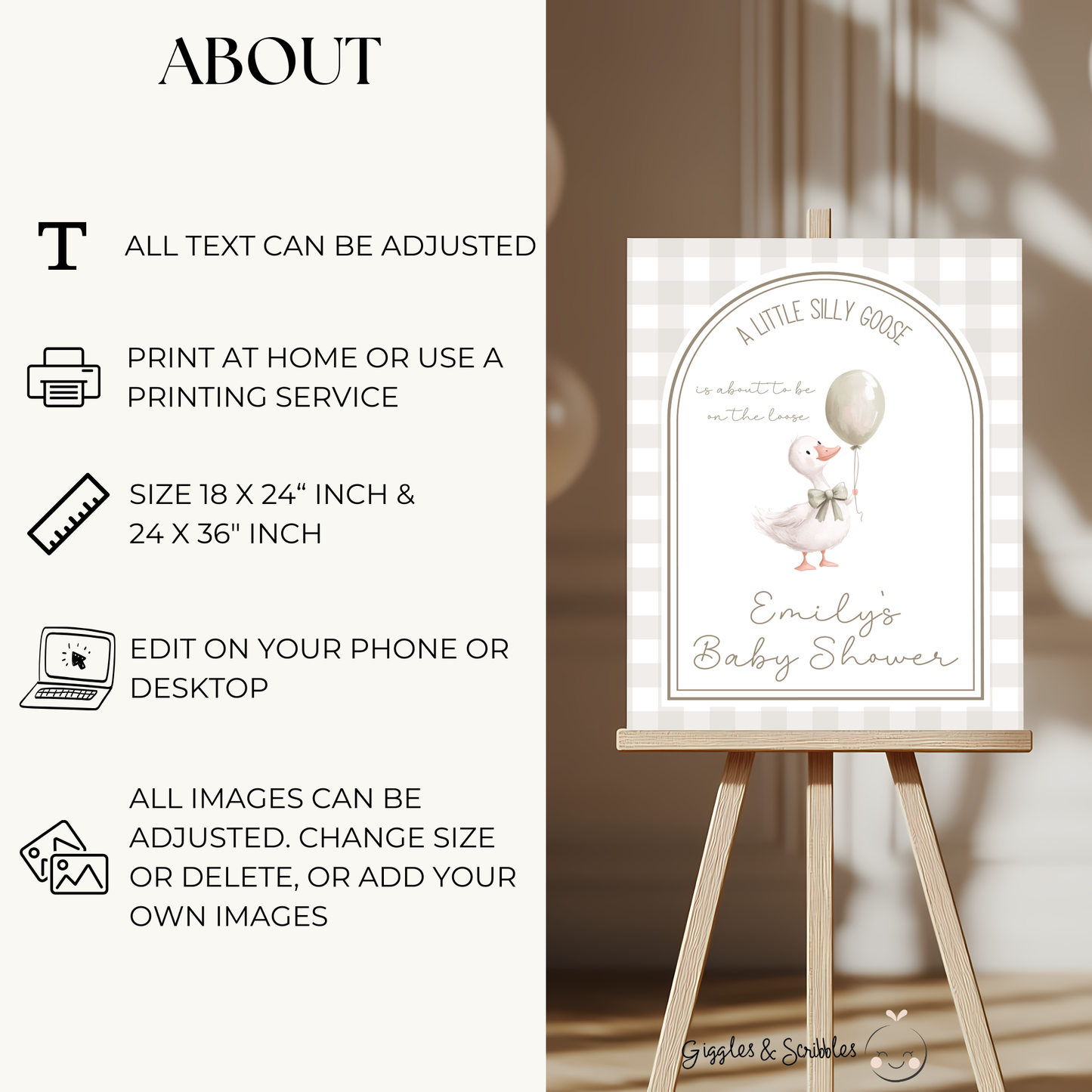 Baby Shower Welcome Sign - Little Silly Goose Beige Gingham BS90