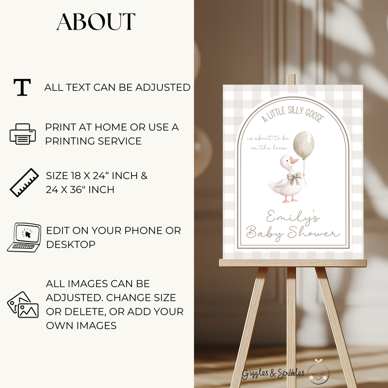 Baby Shower Welcome Sign - Little Silly Goose Beige Gingham BS90