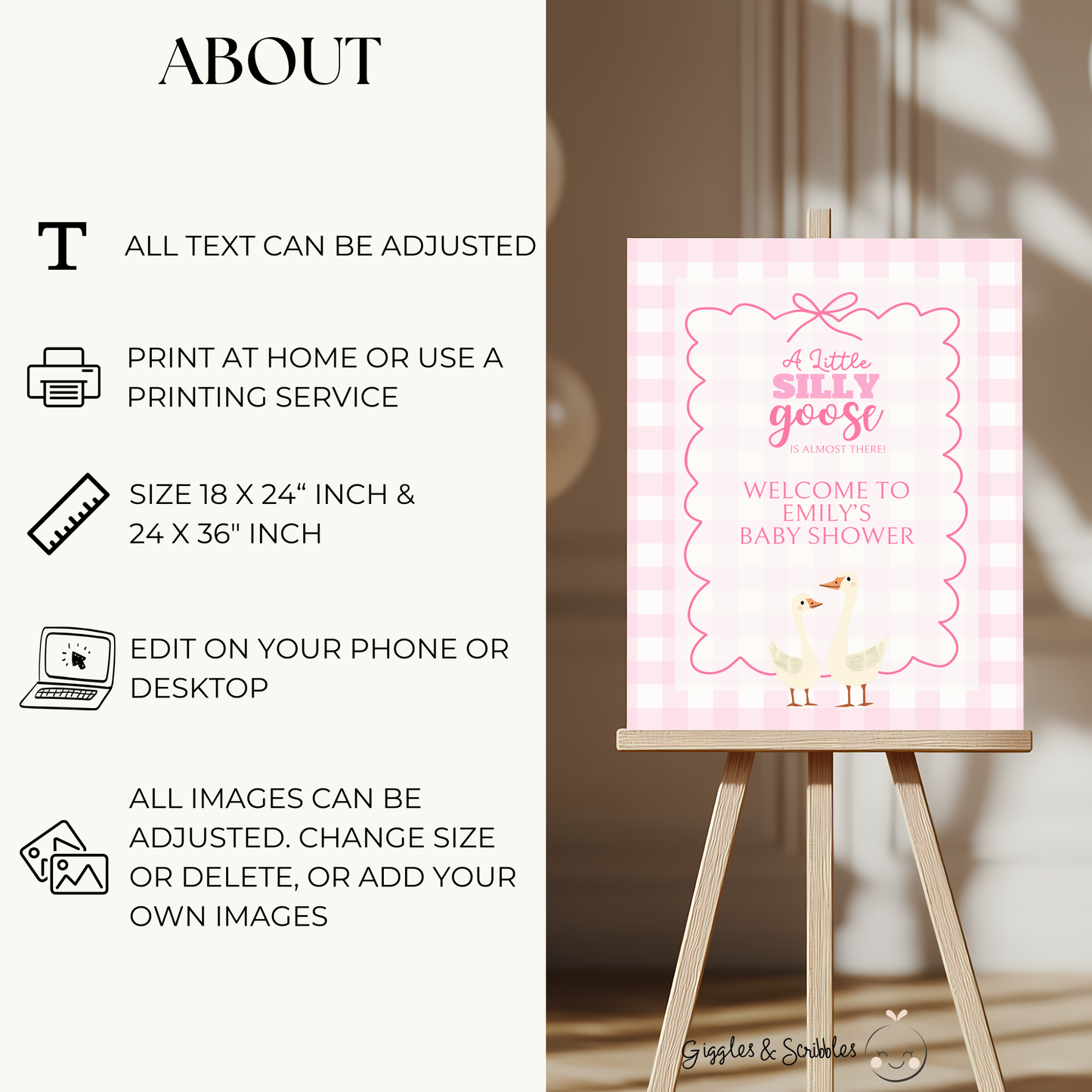 Baby Shower Welcome Sign - Pink Silly Goose Gingham BS22
