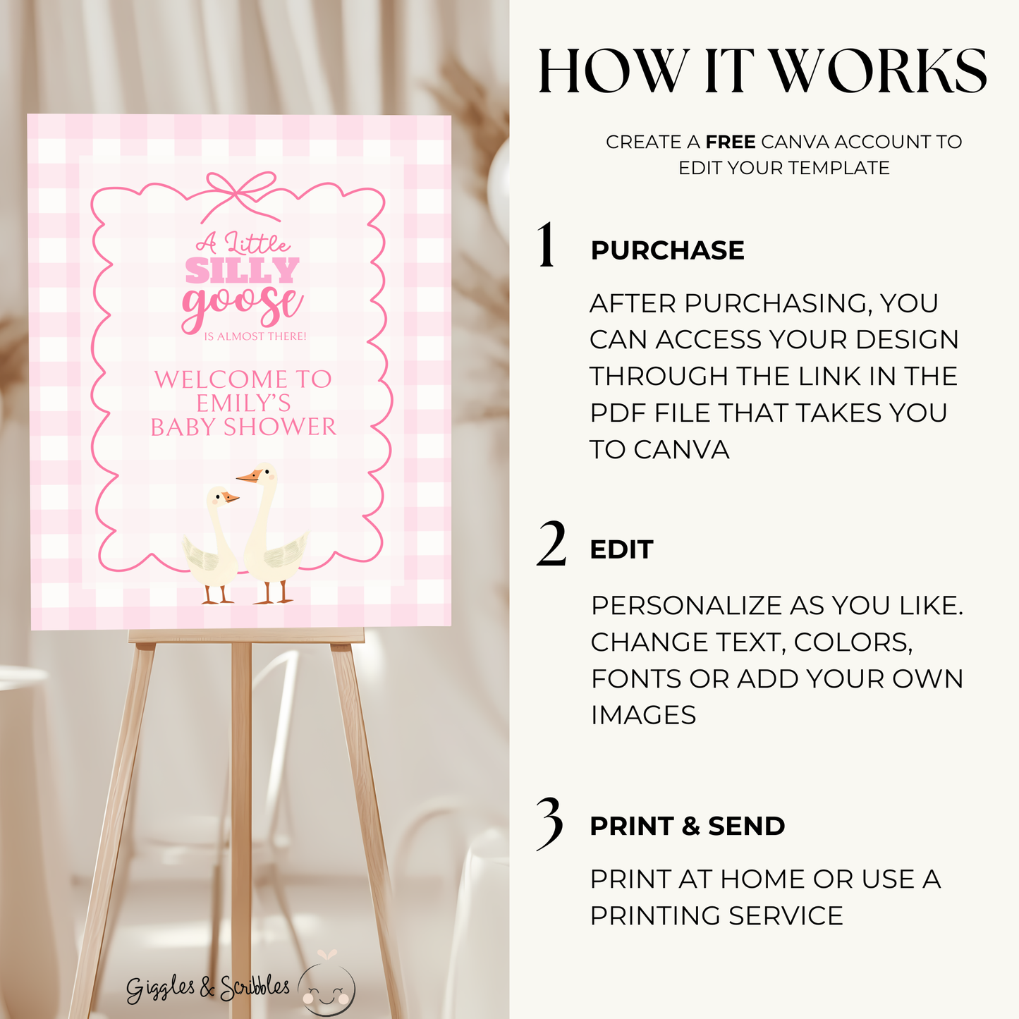 Baby Shower Welcome Sign - Pink Silly Goose Gingham BS22
