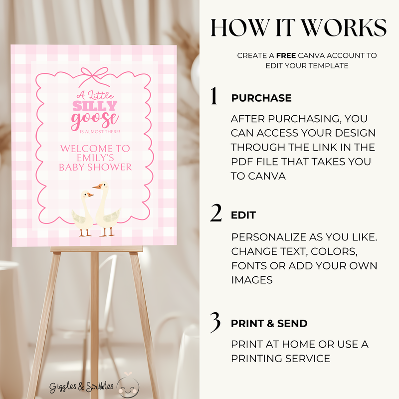 Baby Shower Welcome Sign - Pink Silly Goose Gingham BS22