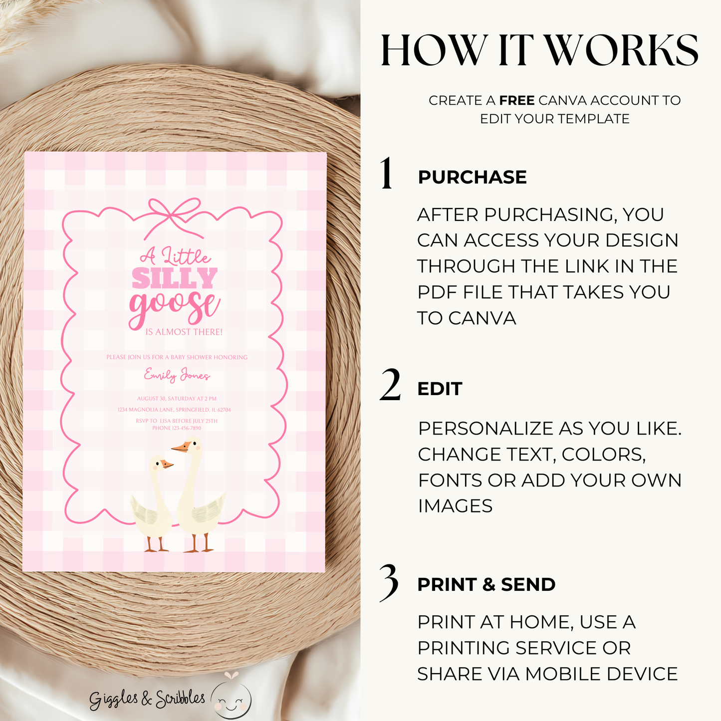 Baby Shower Invitation - Pink Silly Goose Gingham BS22