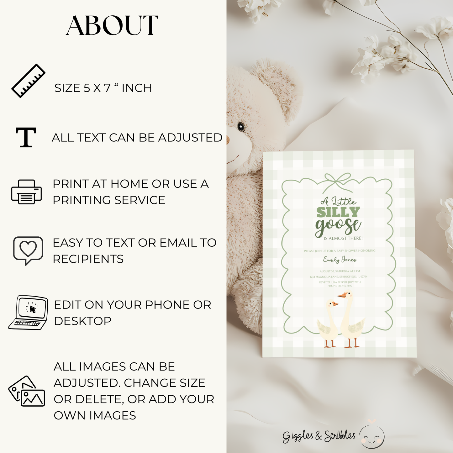 Baby Shower Invitation - Green Silly Goose Gingham BS24