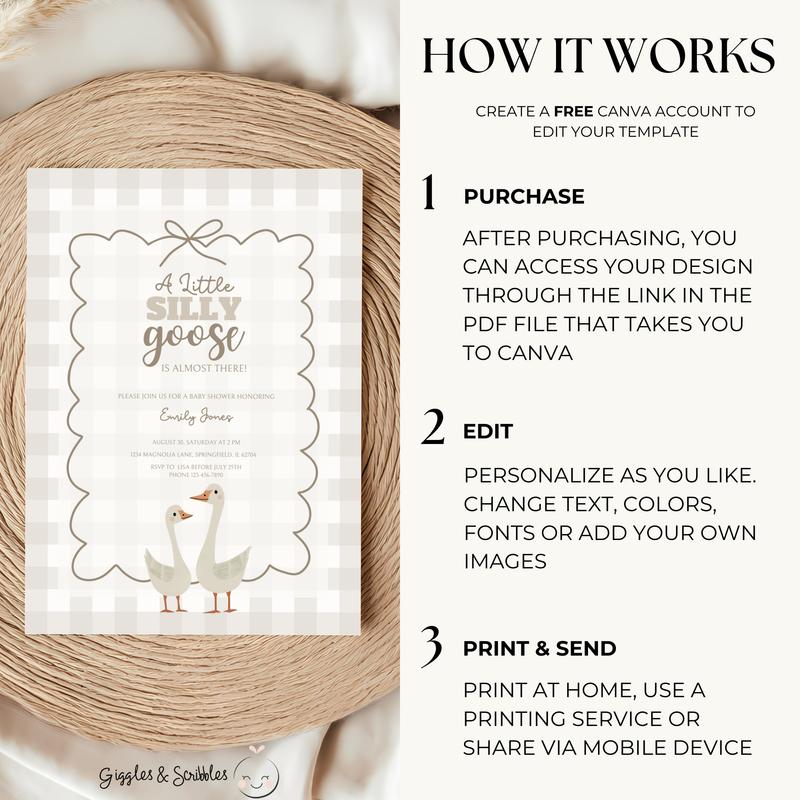 Baby Shower Invitation - Beige Silly Goose Gingham BS25