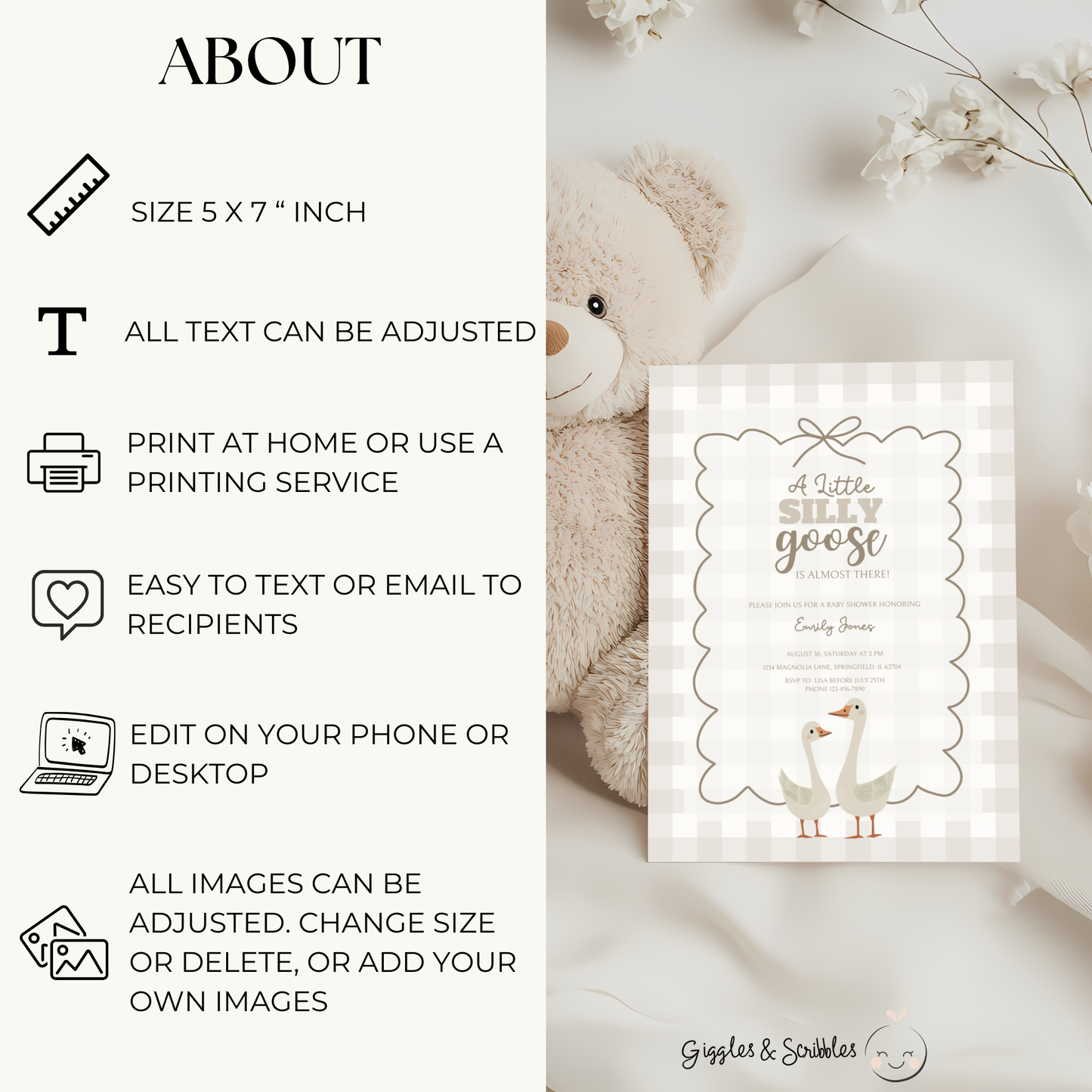 Baby Shower Invitation - Beige Silly Goose Gingham BS25