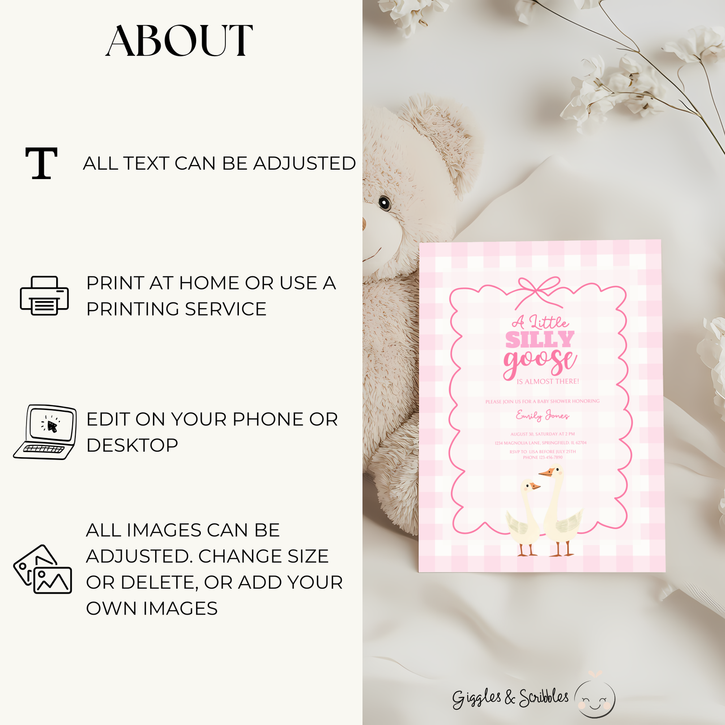 Baby Shower Invitation Bundle - Pink Silly Goose Gingham BS22