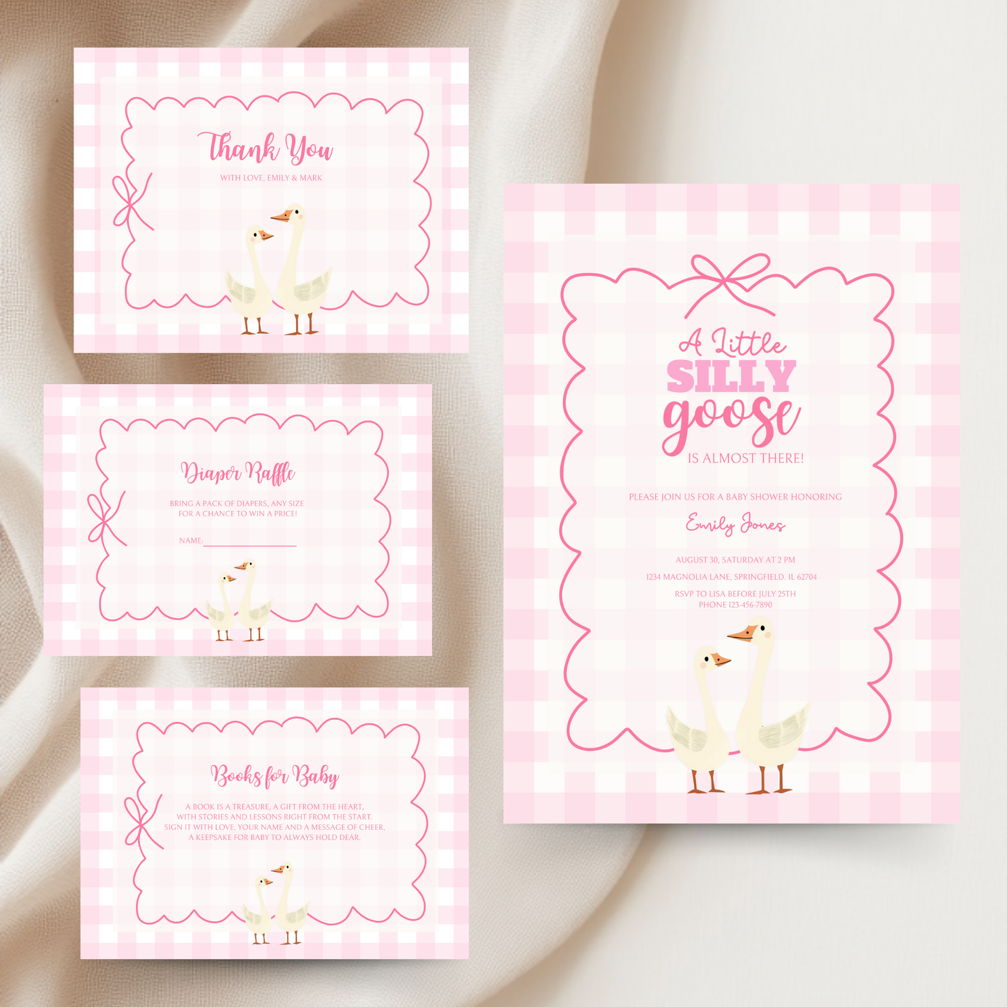 Baby Shower Invitation Bundle - Pink Silly Goose Gingham BS22