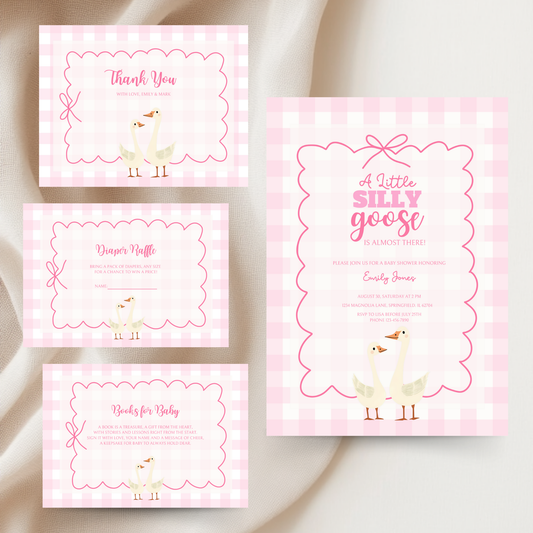 Baby Shower Invitation Bundle - Pink Silly Goose Gingham BS22