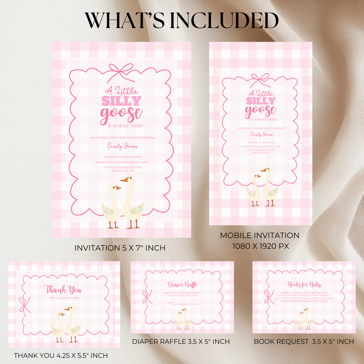 Baby Shower Invitation Bundle - Pink Silly Goose Gingham BS22