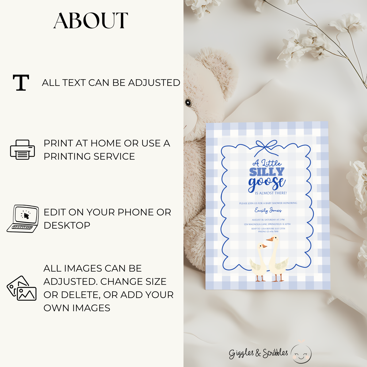 Baby Shower Invitation Bundle - Blue Silly Goose Gingham BS23