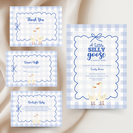 Baby Shower Invitation Bundle - Blue Silly Goose Gingham BS23