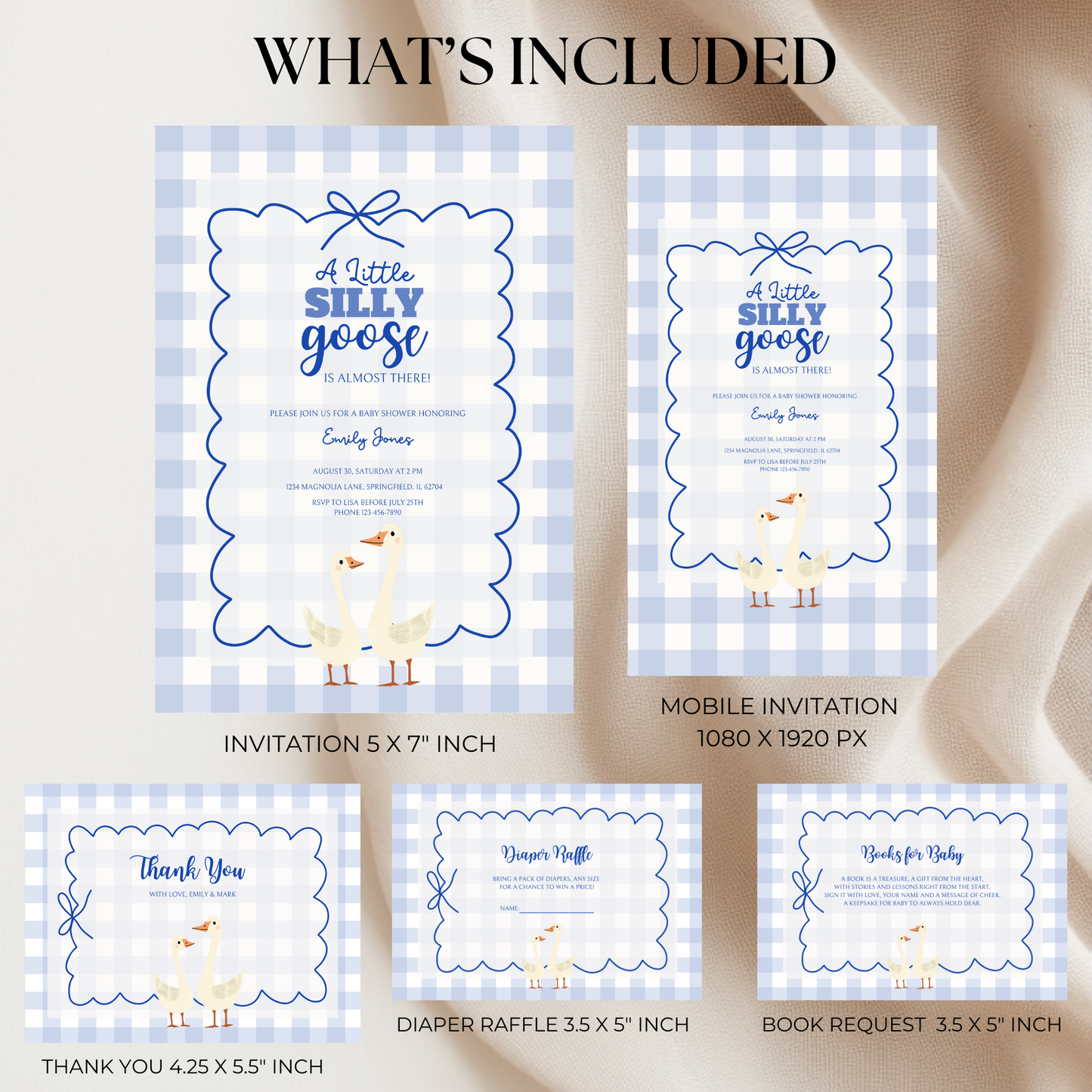 Baby Shower Invitation Bundle - Blue Silly Goose Gingham BS23