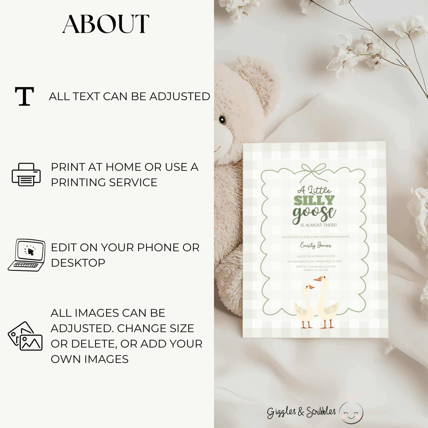 Baby Shower Invitation Bundle - Green Silly Goose Gingham BS24