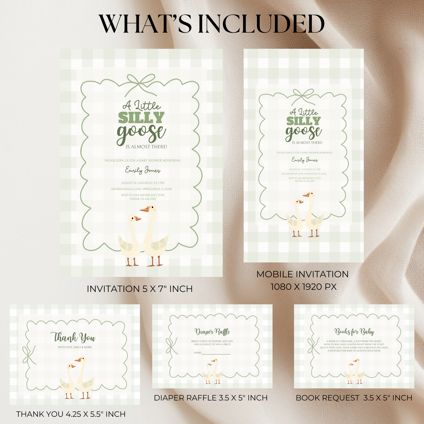 Baby Shower Invitation Bundle - Green Silly Goose Gingham BS24