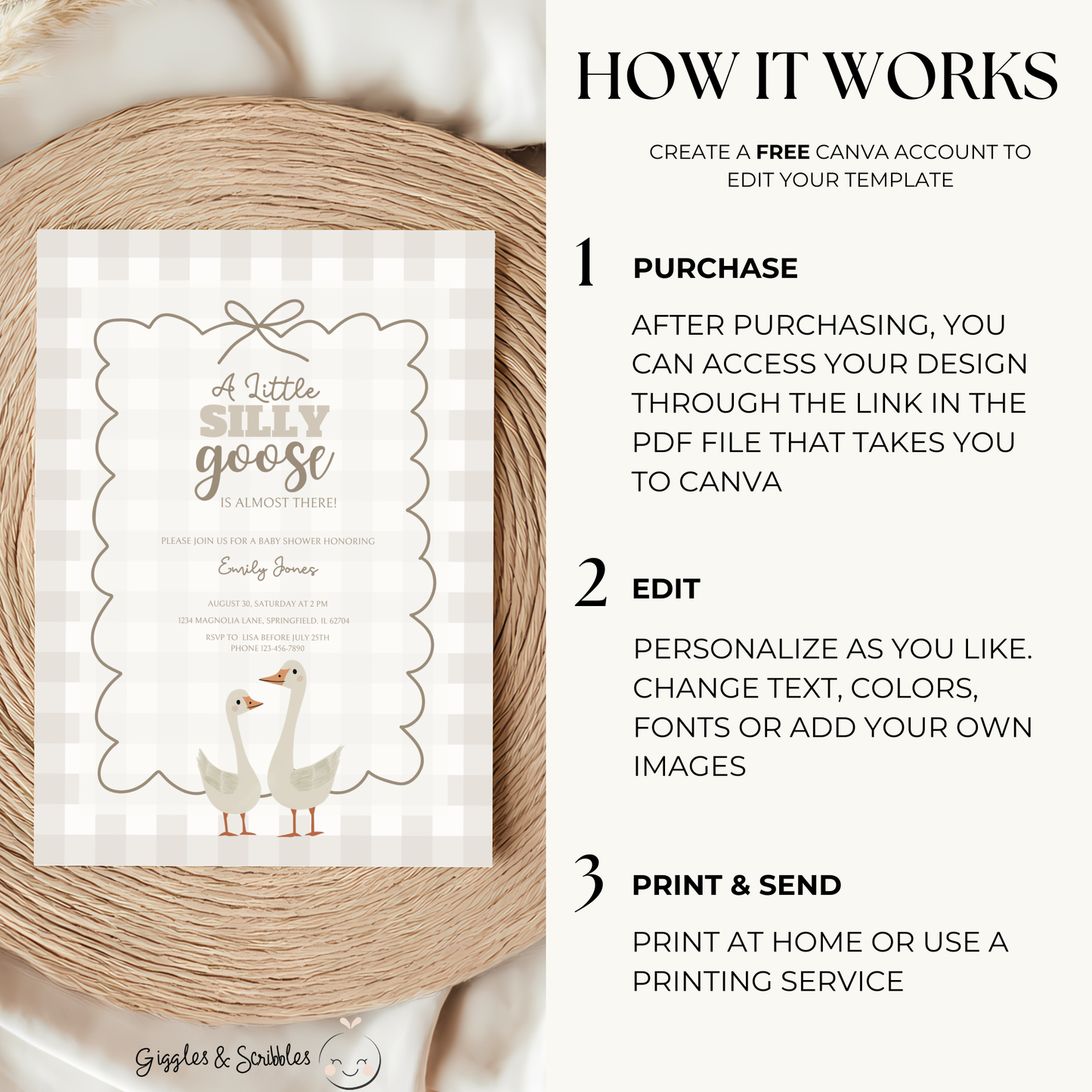 Baby Shower Invitation Bundle - Beige Silly Goose Gingham BS25