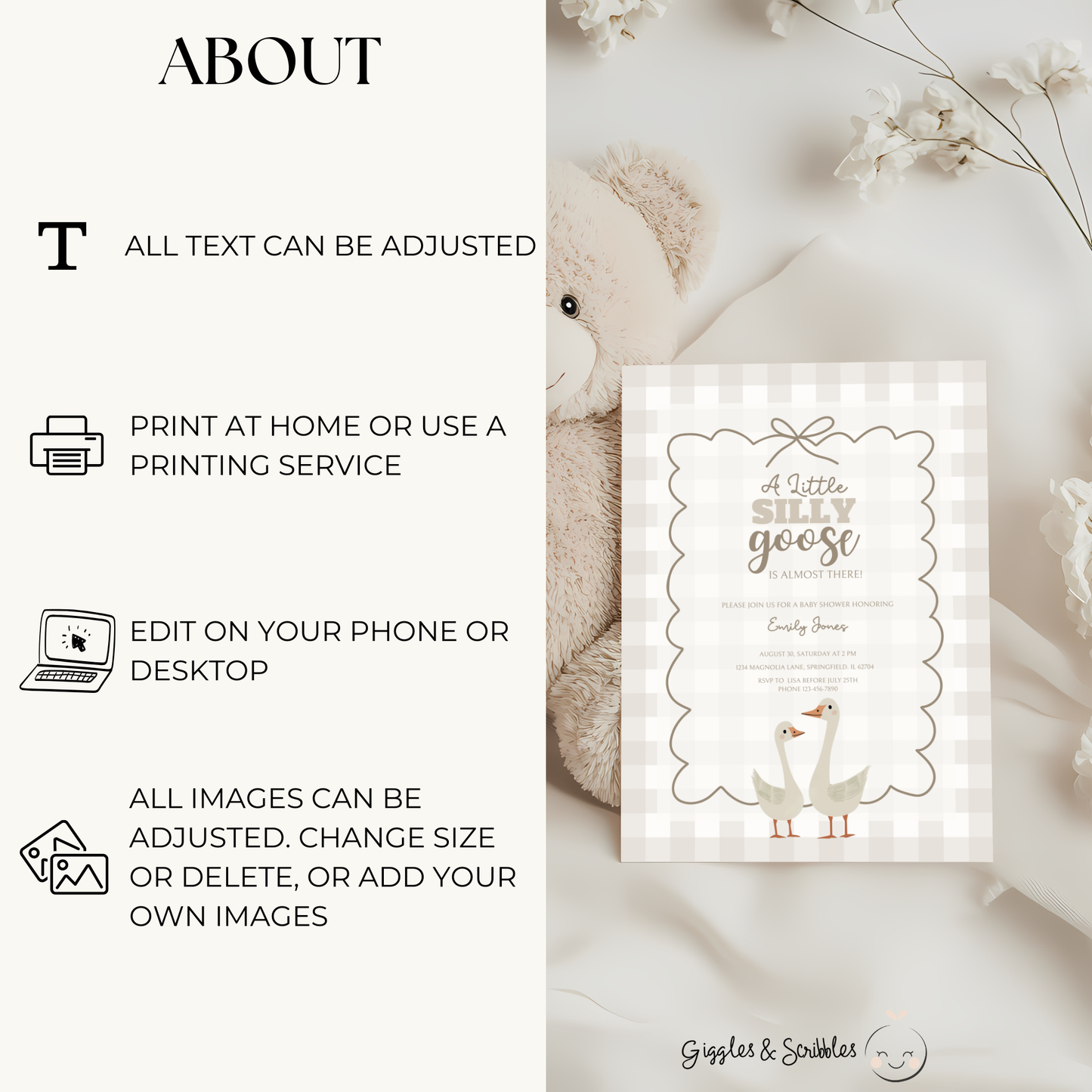 Baby Shower Invitation Bundle - Beige Silly Goose Gingham BS25