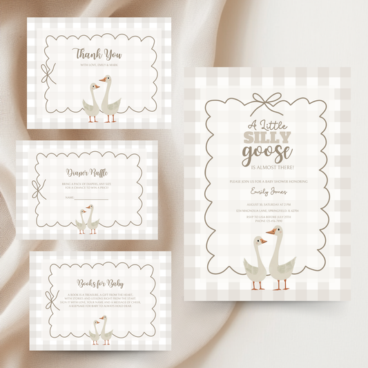 Baby Shower Invitation Bundle - Beige Silly Goose Gingham BS25