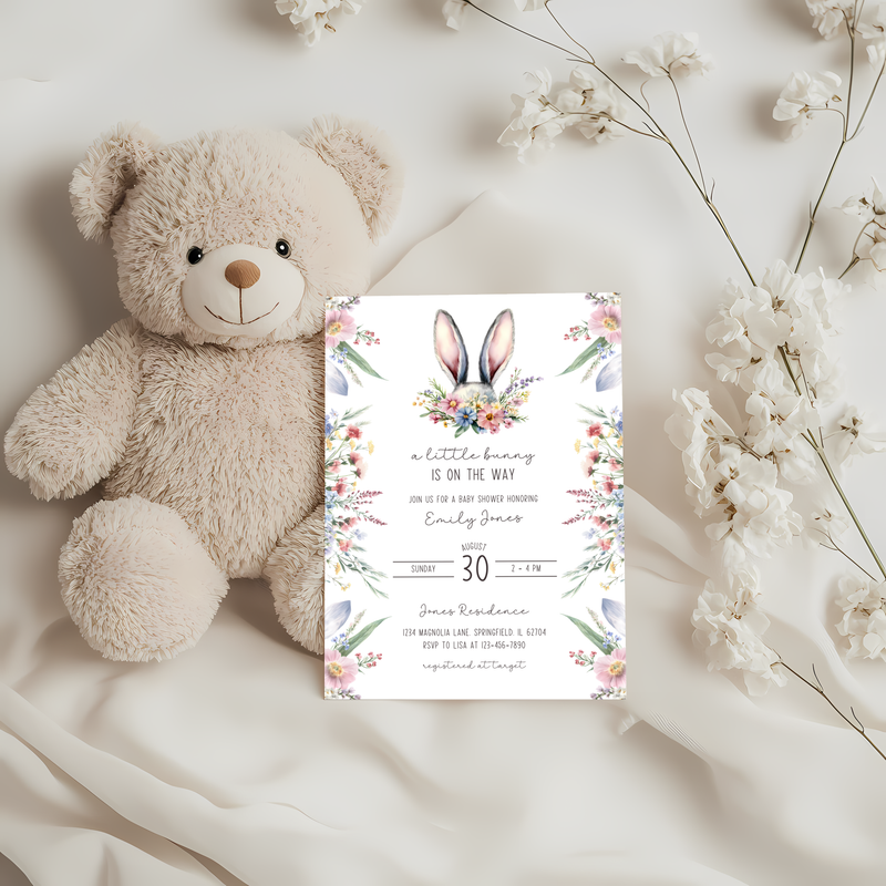 Baby Shower Invitation - A Little Bunny Is On The Way Wildflowers Spring Easter BS92