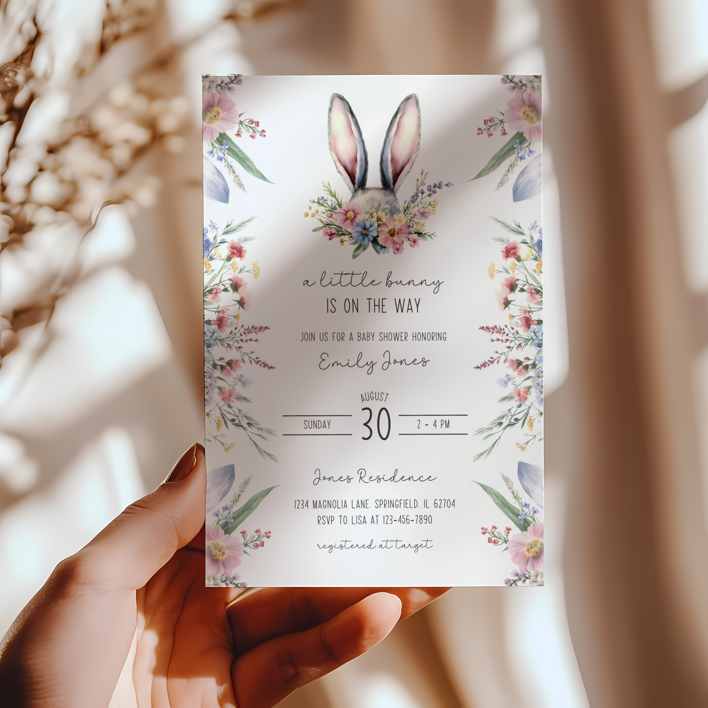 Baby Shower Invitation - A Little Bunny Is On The Way Wildflowers Spring Easter BS92
