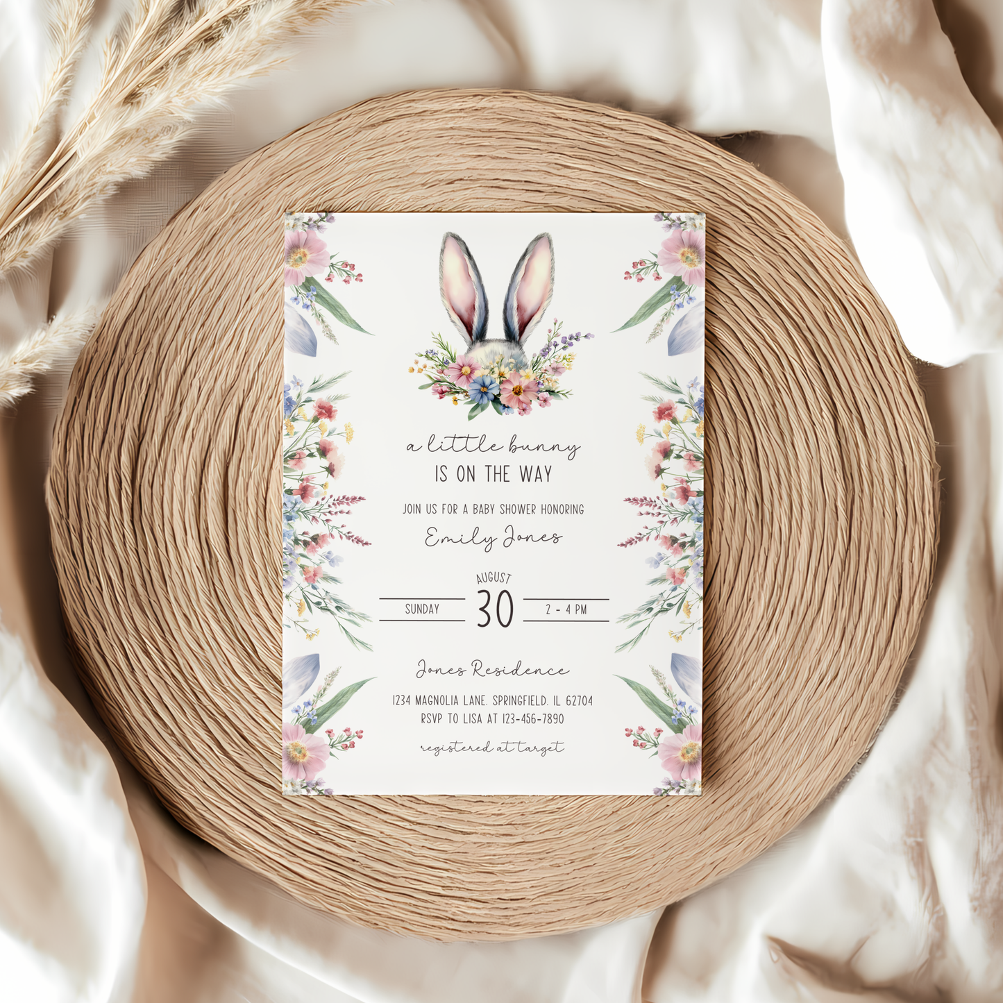 Baby Shower Invitation - A Little Bunny Is On The Way Wildflowers Spring Easter BS92
