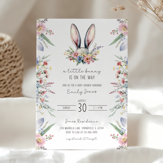 Baby Shower Invitation - A Little Bunny Is On The Way Wildflowers Spring Easter BS92