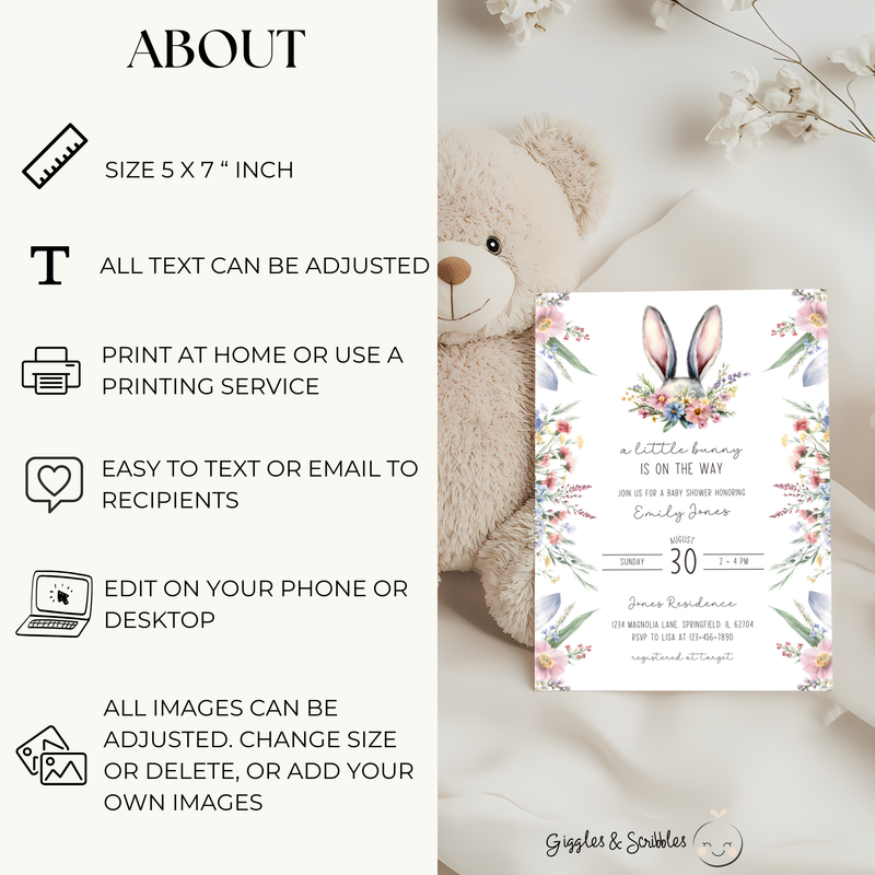Baby Shower Invitation - A Little Bunny Is On The Way Wildflowers Spring Easter BS92