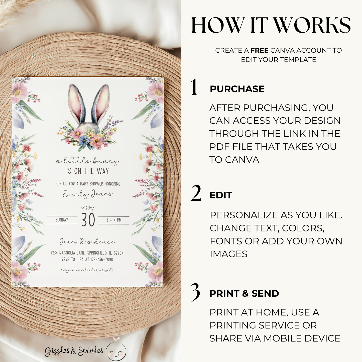 Baby Shower Invitation - A Little Bunny Is On The Way Wildflowers Spring Easter BS92