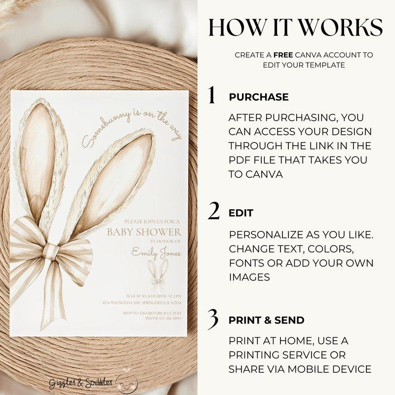 Baby Shower Invitation Bundle - Somebunny Is On The Way Easter Bunny Coquette Bow Beige BS75