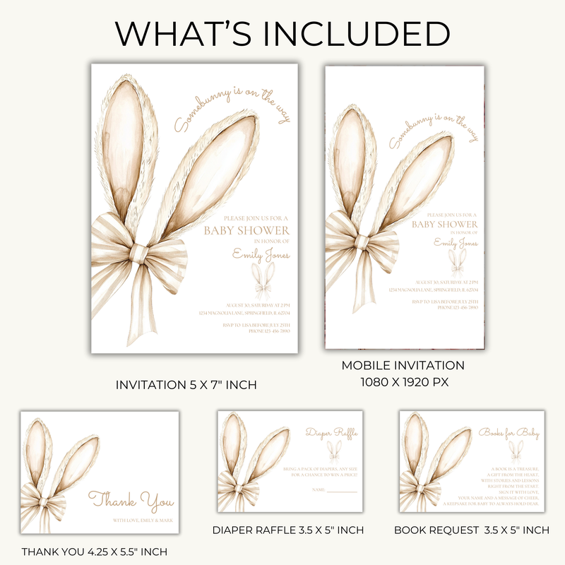 Baby Shower Invitation Bundle - Somebunny Is On The Way Easter Bunny Coquette Bow Beige BS75