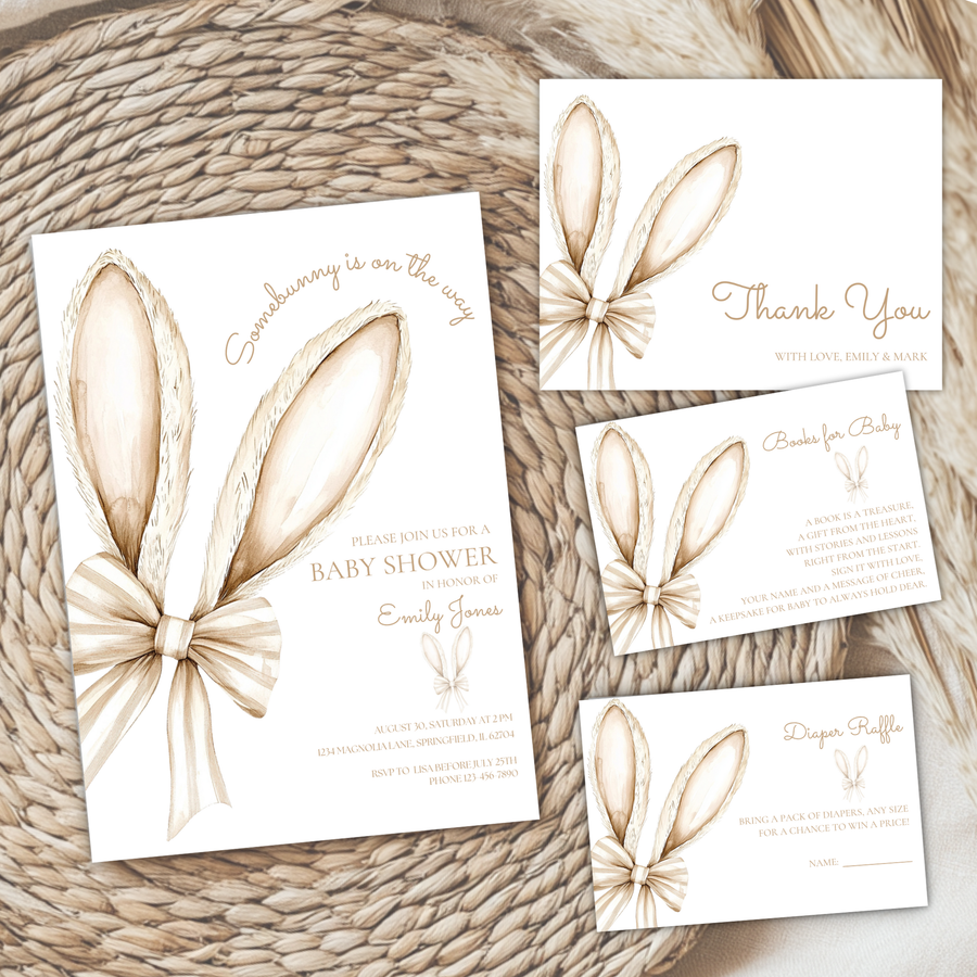 Baby Shower Invitation Bundle - Somebunny Is On The Way Easter Bunny Coquette Bow Beige BS75